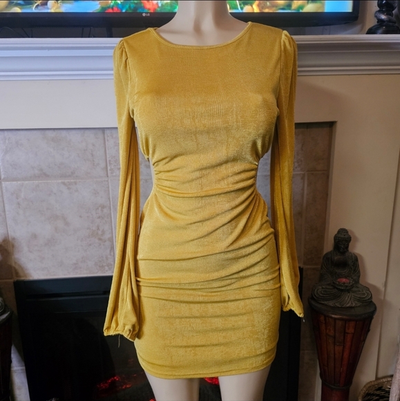 Slinky Mini Dress. Mustard. Size Medium. - Picture 2 of 7